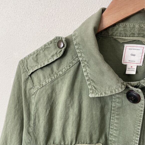 GAP Linen Utility Jacket Womens M Military Green Casual Drawstring Snap Coat - Picture 8 of 16